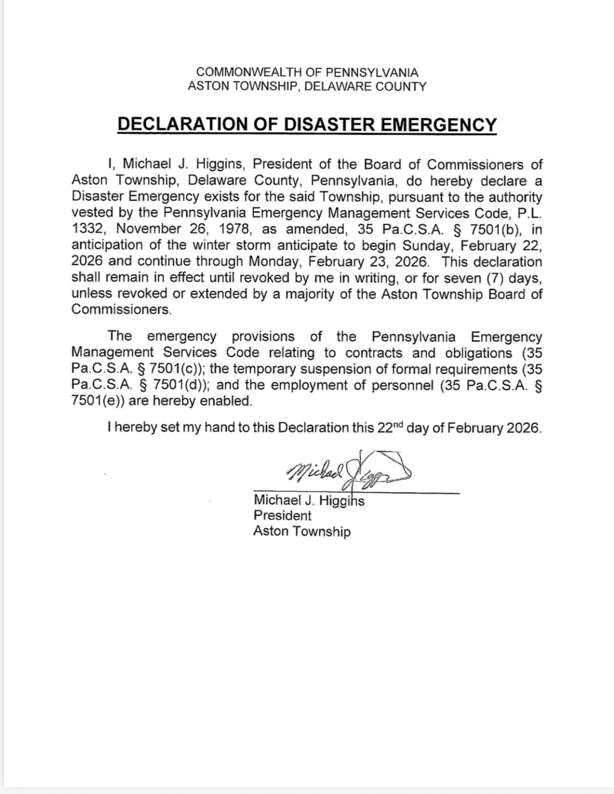 Declaration of Emergency Issued – Official Aston Township Website